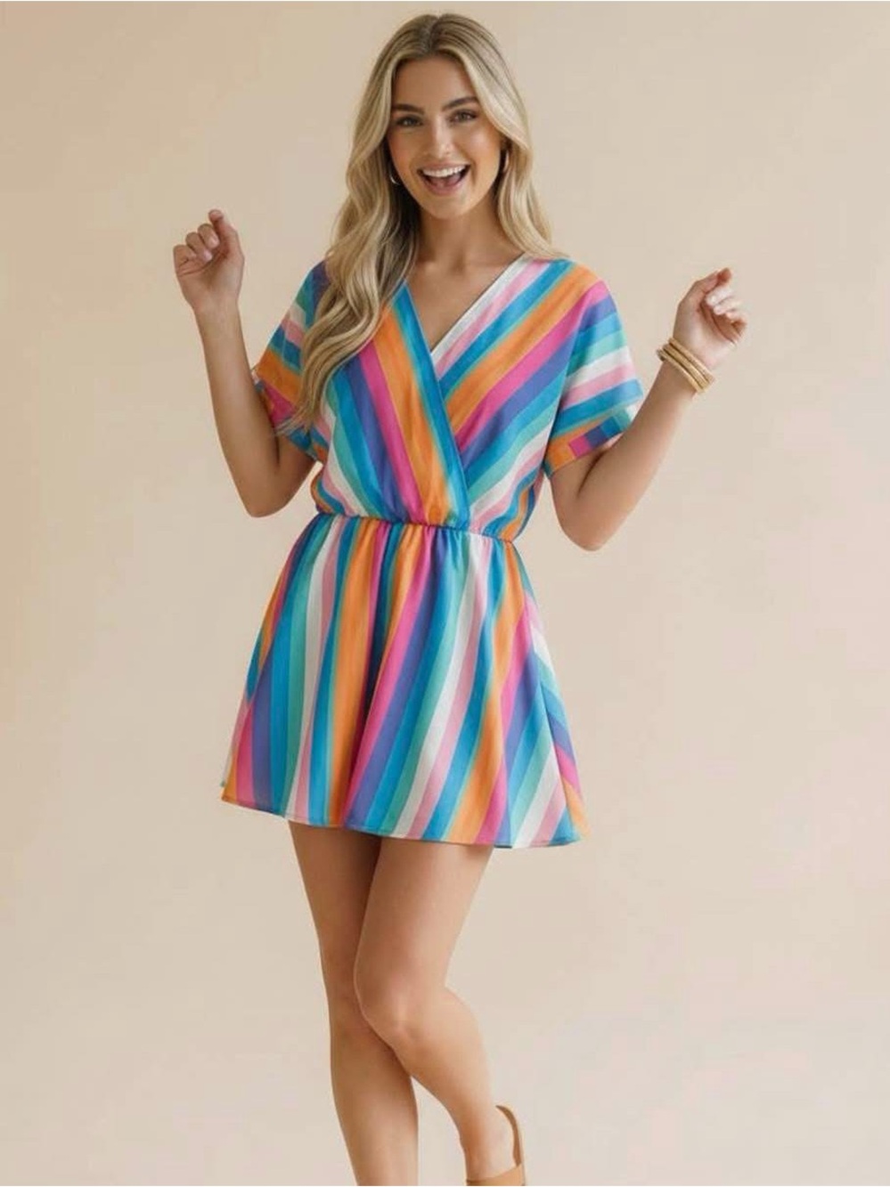 NWOT Striped Multicolor V-Neck Romper - runs Large, tagged S but fits like M/L!